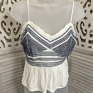 Old Navy White and Navy Embroidered Spaghetti Strap Peplum Cami